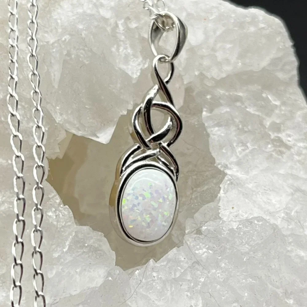 White Opal Celtic Twist Necklace | Sterling Silver - Picture 3 of 6